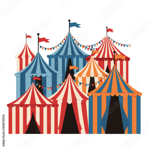 Vibrant collection of colorful circus tents gathered together under a bright sky