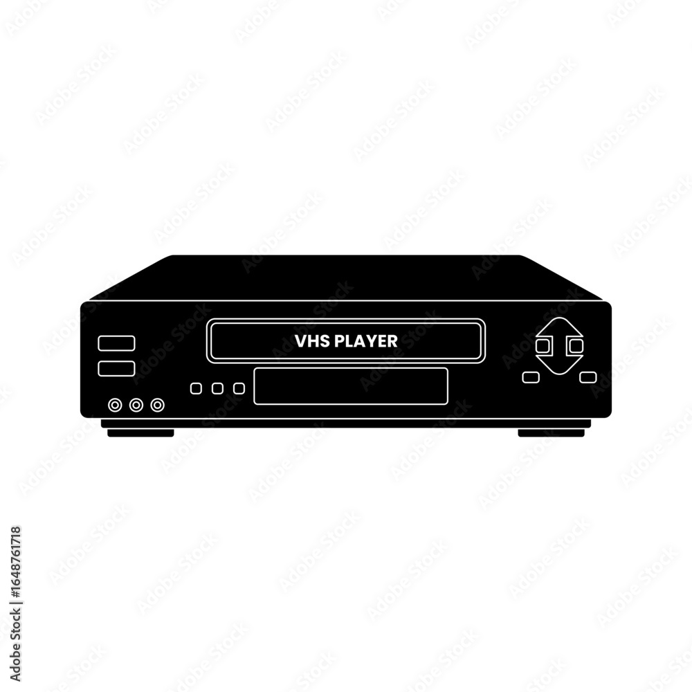 Black fill silhouette vector icon of a VHS player, featuring front panel controls and cassette slot, symbolizing retro video technology and home entertainment devices. Black fill silhouette vector icon of a VHS player, featuring front panel controls and cassette slot, symbolizing retro video technology and home entertainment devices.