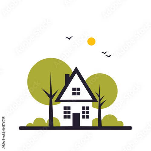 Charming cozy home nestled among lush green trees under a bright sunny sky with birds flying