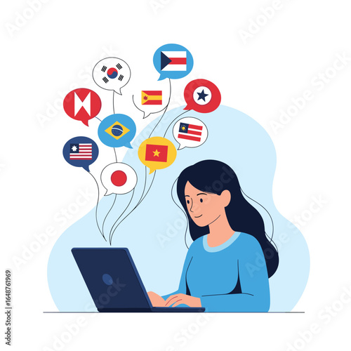 Illustrating a young woman learning multiple languages online using her laptop and various national flags representing global communication