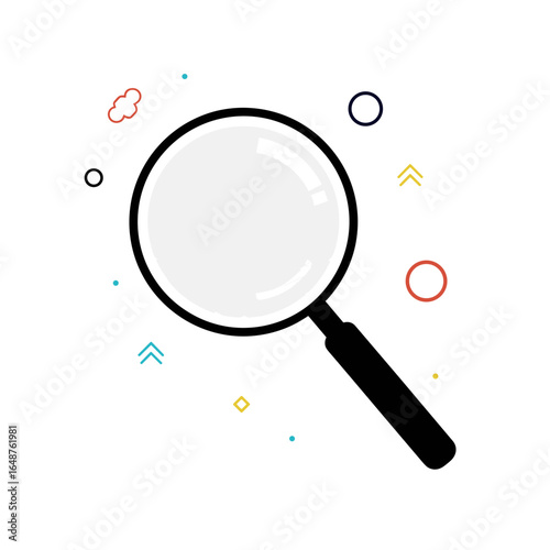 Magnifying glass discovering hidden elements with colorful decorative shapes and dots on a clean white background