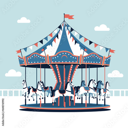 A vintage carousel with painted horses under a festive canopy