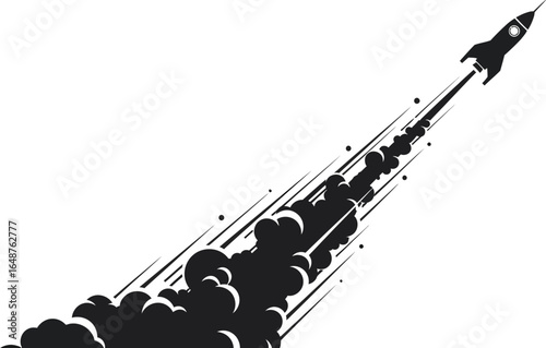 Illustration of a rocket launching with smoke trail isolated on white background, symbolizing space exploration