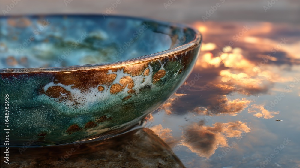 Fototapeta premium Ceramic bowl, sunset reflection, tranquil scene, outdoor setting