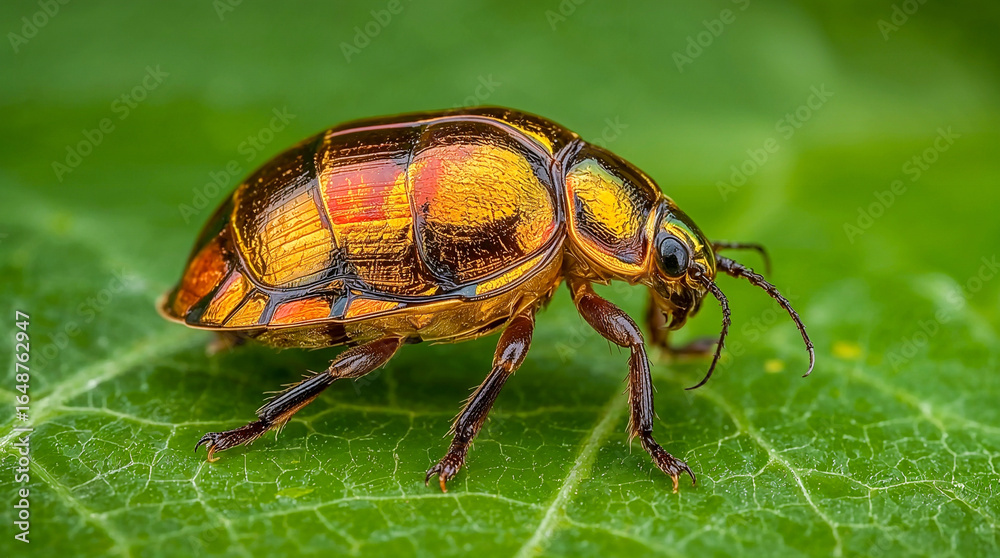 Fototapeta premium A close-up macro shot of a metallic, iridescent beetle with intricate patterns on its shell, perched on a vibrant green leaf.