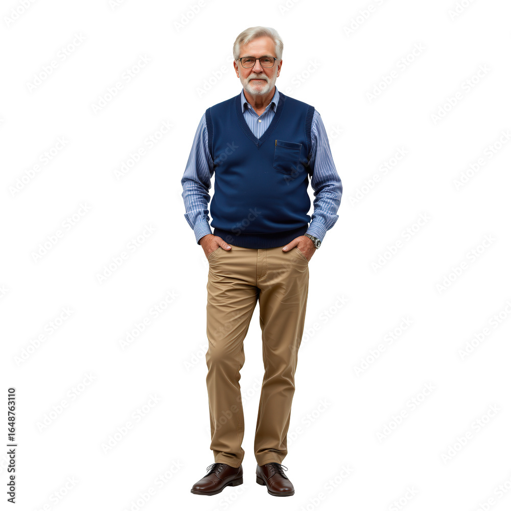Fototapeta premium Elderly man in sweater vest standing confidently with hands clasped