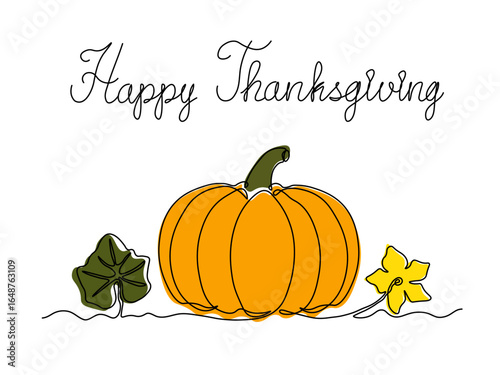 Happy Thanksgiving day. Greeting card. Abstract pumpkin harvest, continuous single one line art hand drawing sketch logo