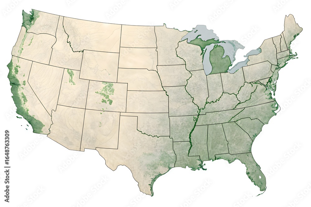 Fototapeta premium Map of the United States Showing Green Vegetation Areas green areas