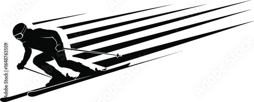 Skier skiing downhill with high speed motion isolated on white background