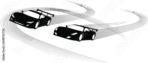 Two sports cars racing on a track with tire marks, isolated on white background