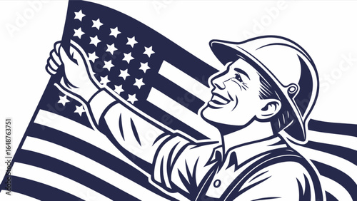 American worker construction with usa flag patriotic labor day vector graphic illustration design art