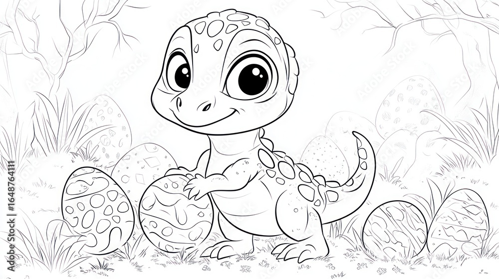 Fototapeta premium Adorable baby dinosaur amidst eggs, nestled in a grassy, wooded area. Ready for coloring
