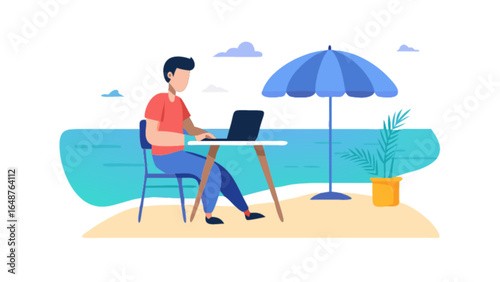 Remote work beach laptop lifestyle digital nomad workation freelance job summer vacation illustration concept