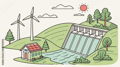 Illustration of renewable energy sources including wind turbines solar panels and hydroelectric dam power 100
