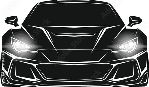 A striking front view of a modern sports car showcases its sleek design and powerful headlights isolated on white background