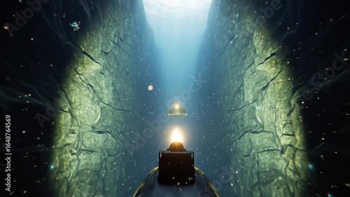 Underwater Submersible Exploration of a Narrow Canyon with Bioluminescent Particles and Light Beams
