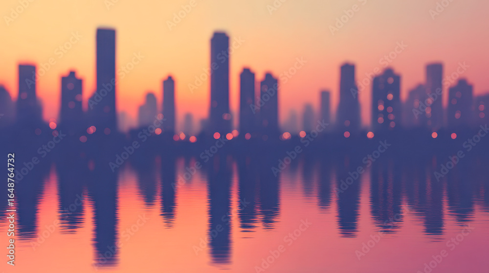 Fototapeta premium Modern city skyline glows under pastel sunset colors with calm water reflections