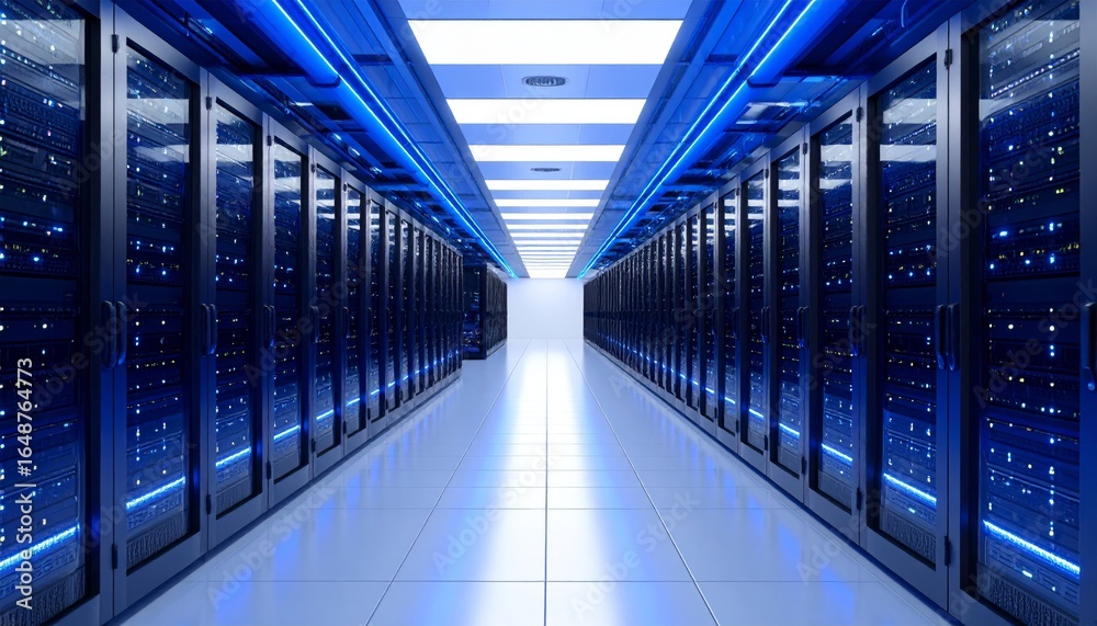 Fototapeta premium Futuristic empty server room hallway with data center racks and glass walls