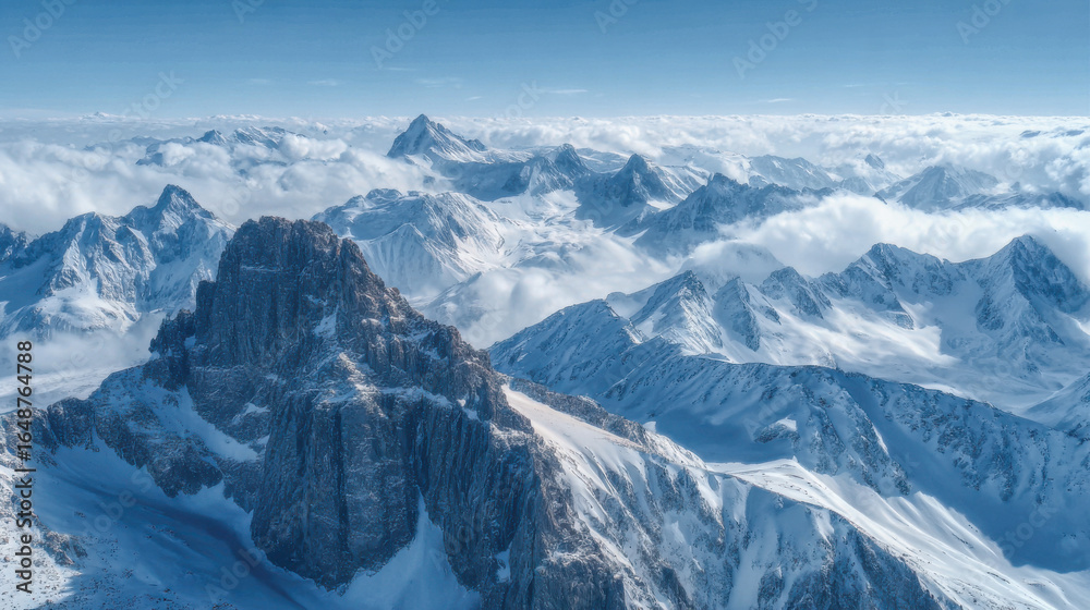 Obraz premium Snow-covered mountain peaks create a striking landscape in a serene, winter sky