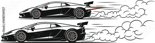 Pixel art illustration of two speeding sports cars with smoke isolated on white background