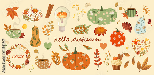 Set with cute autumn elements and inscriptions. Cozy collection. Vector illustration.
