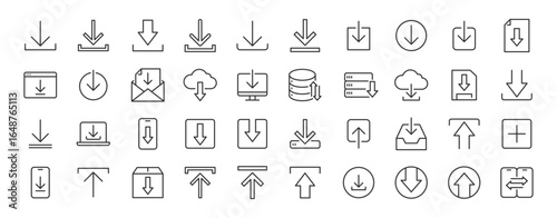 Download and upload icons in line style. Button, symbol. Collection. Vector illustration.