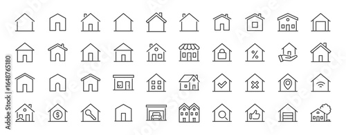 Home or House icons in line style. Real estate, home, building, apartment, homes, button, symbol. Interface menu. Collection. Vector illustration.