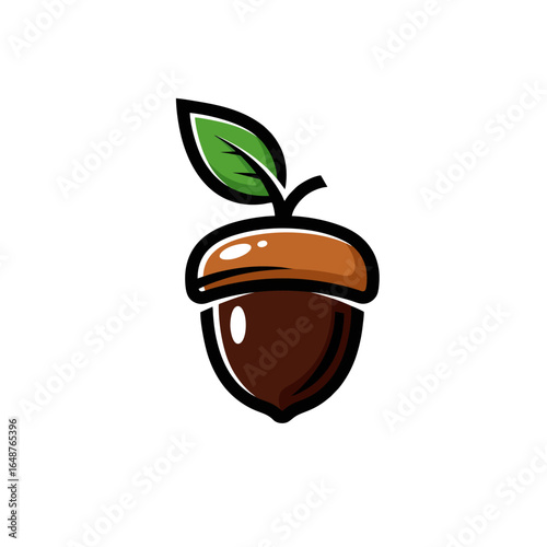 Acorn Logo With a Leaf on Top, Bold Vector Lines, Flat Colors
