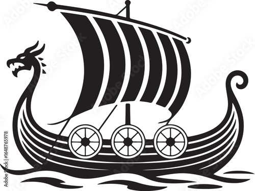 Bold Viking longship sails sea with dragon prow icon