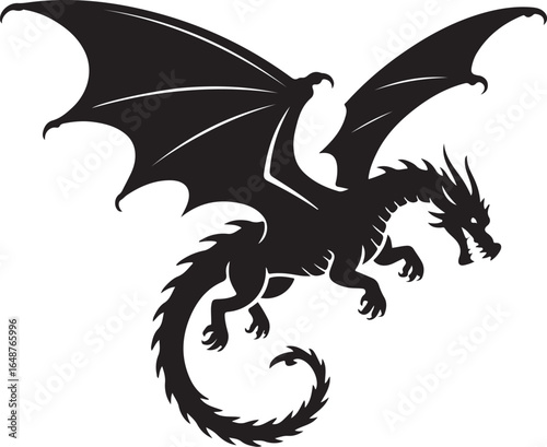 Powerful black dragon silhouette soaring through the sky
