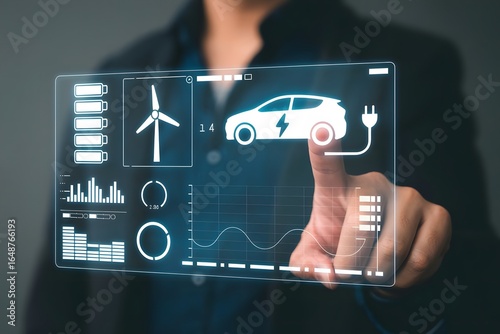 Electric Vehicle Technology Interface with Wind Power and Battery Monitoring Featuring a Person Touching a Digital Screen for Sustainable Energy Management and Eco Friendly