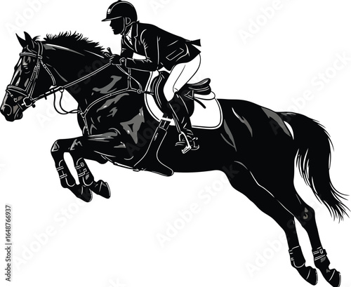 A horse and rider jumping over an obstacle isolated on white background, showcasing equestrian sport