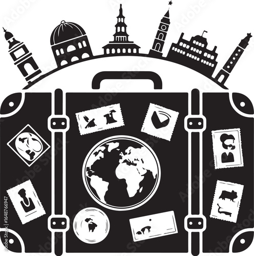 Globetrotter's dream suitcase filled with world landmarks and stamps