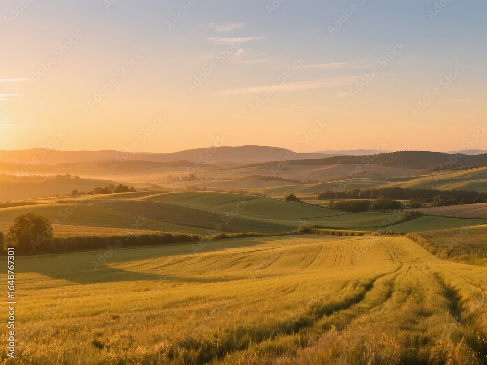 Fototapeta premium Golden Sunset Over Rolling Hills and Wheat Fields