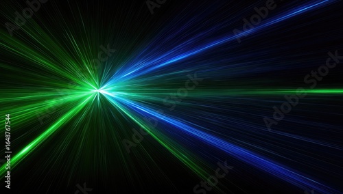 Dynamic burst of green and blue light rays