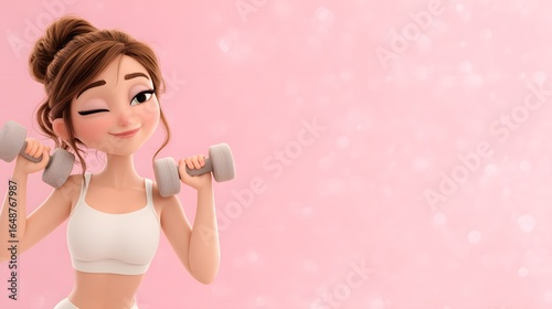Cartoon female figure lifting weights against a soft pink background.