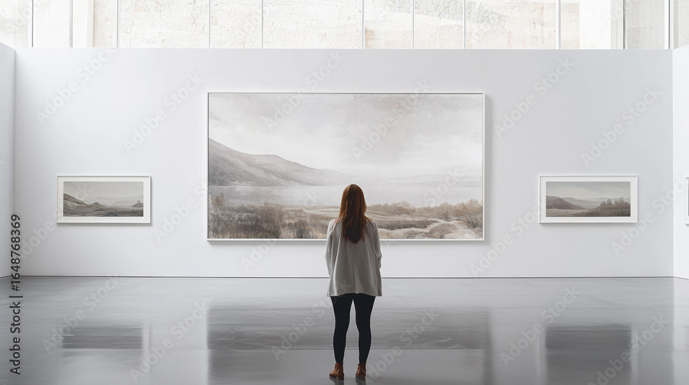 Fototapeta premium A woman viewing a large landscape white-framed picture in an art museum with white walls and a gray floor. High-resolution, crisp, detailed