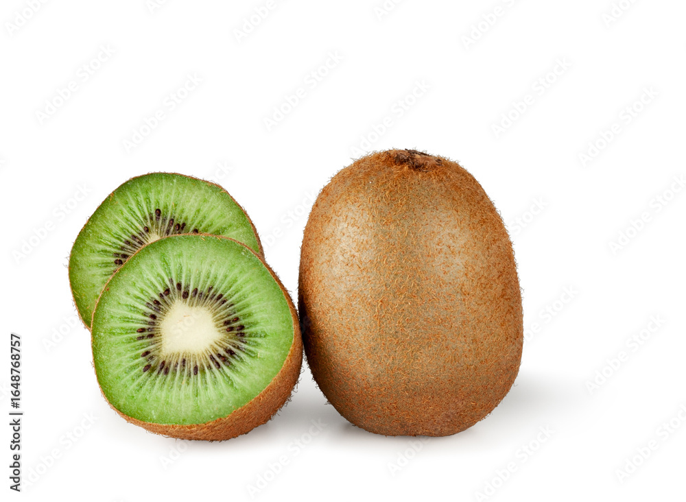 Obraz premium Kiwi fruit and slices isolated on a white background, contour