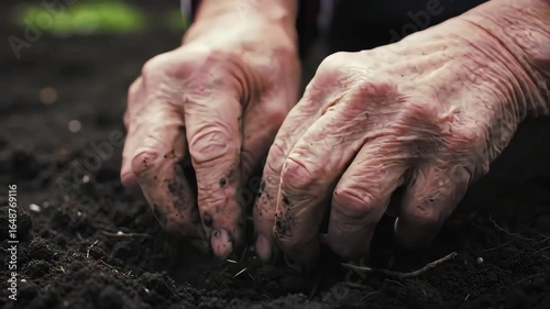 Wrinkled Hands in Rich Soil Prepare Garden Bed for Planting at Close Range