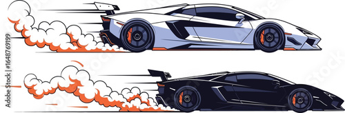 Pixel art illustration of two sports cars in motion, showcasing speed and tire smoke effect