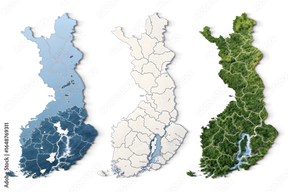 Fototapeta premium Three Representations of Finland Showing Water Forests and Regions country outline
