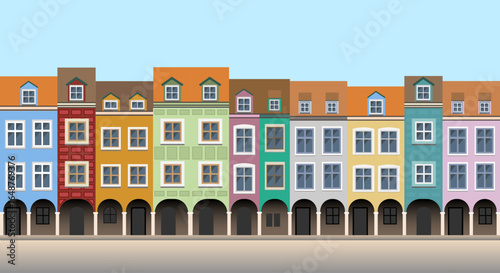 Row of colorful building facades, inspired by houses in Poznan, Poland.