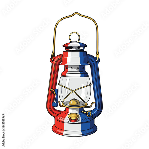 Vintage Oil Lantern Illustration with Red White and Blue French Flag Colors