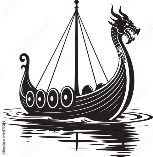Majestic Viking ship with dragon prow sails on water