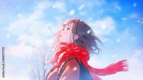 雪降る空を見る女子高生のアニメーション動画