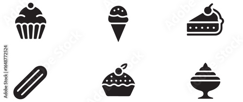 A collection of dessert icons including cupcakes ice cream cake and other sweet treats in black and white