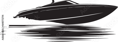 Sleek speedboat glides across water leaving wake behind