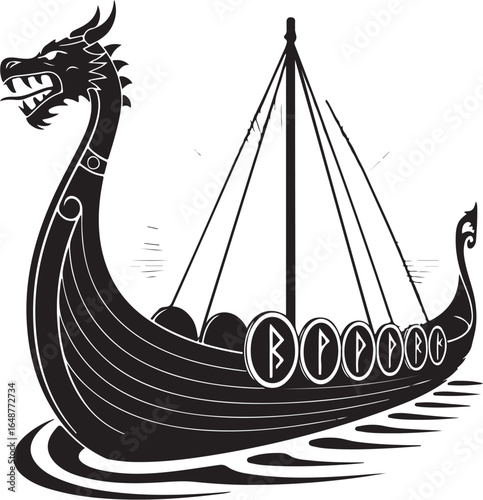 Powerful Viking dragon ship sails across ocean waves