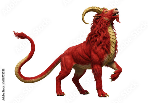 Mythical red dragon with golden horns and fierce demeanor on black background