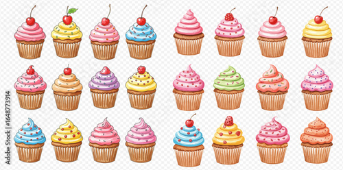 Collection of colorful cupcakes with various frostings and toppings, including cherries and sprinkles.